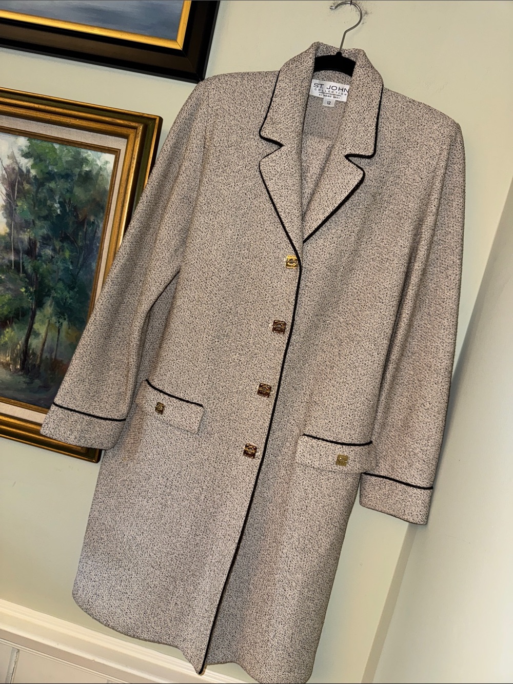 St. John Collection Gray Tweed Coat & Skirt with Black Trim Suit Set Size 12 L